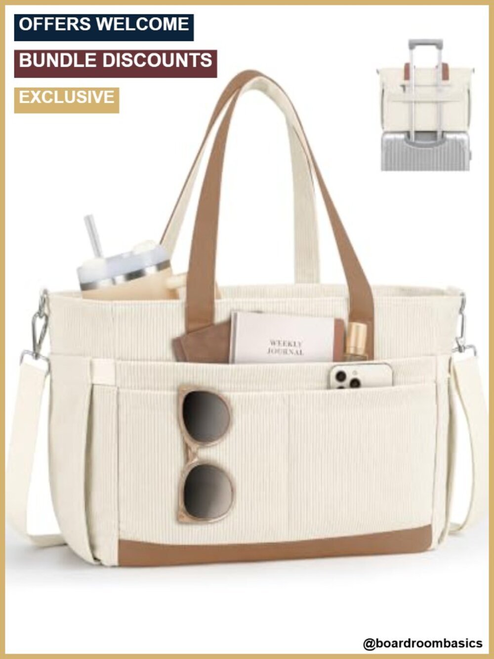 Corduroy Laptop Tote Bag 17 Pockets 40oz Cup Holder Removable Strap